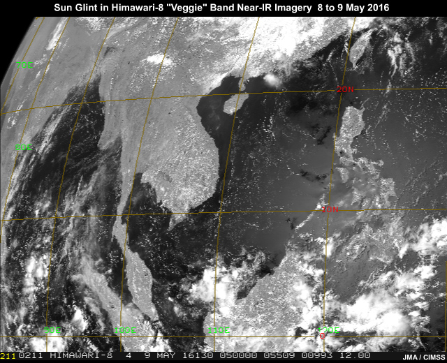 Sun glint pattern in AHI 0.86 micrometer band-4 near-infrared imagery traveling from east to west across South China Sea and Indian Ocean