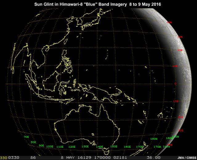 Sun glint pattern in AHI 0.47 micrometer visible imagery traveling from east to west across northern hemisphere subtropics as the Earth rotates through one full solar day