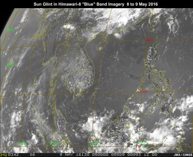 Sun glint pattern in AHI 0.47 micrometer visible imagery traveling from east to west across South China Sea and Indian Ocean