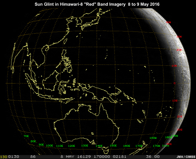 Sun glint pattern in AHI 0.64 micrometer visible imagery traveling from east to west across northern hemisphere subtropics as the Earth rotates through one full solar day
