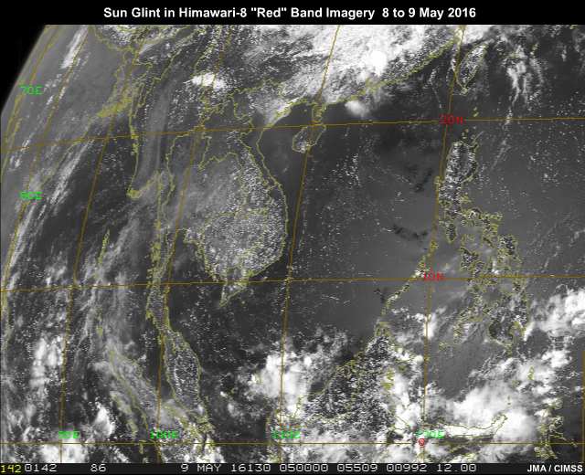 Sun glint pattern in AHI 0.64 micrometer visible imagery traveling from east to west across South China Sea and Indian Ocean