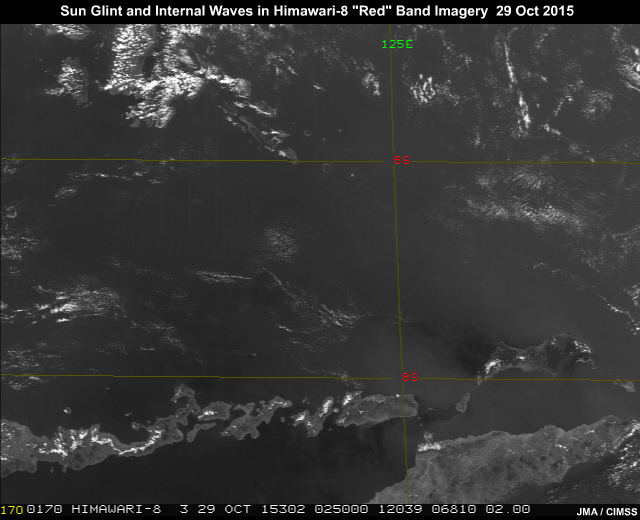 Sun glint pattern showing internal ocean waves in Himawari-8 AHI 0.64 micrometer visible imagery over the Banda Sea north of Australia during midday on October 29, 2015 