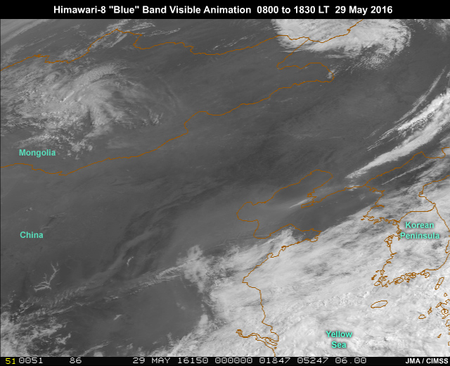 AHI 0.47 micrometer "blue" band 1 image animation showing haze and smog over eastern China throughout daylight hours from 00 to 10:30 UTC (8:00 to 18:30 local time) on May 29, 2016