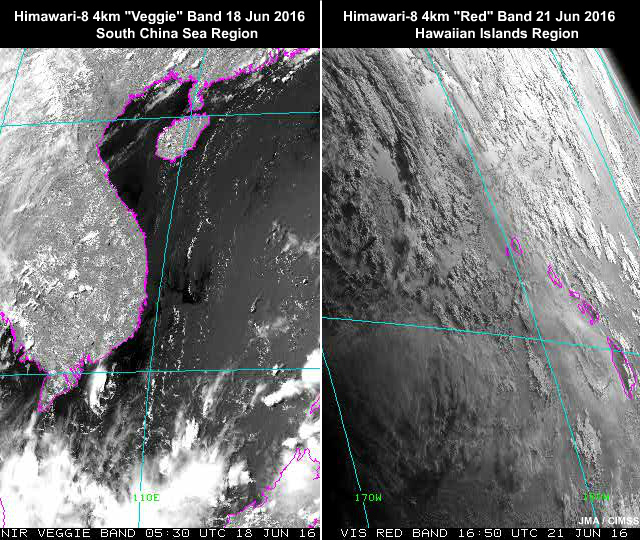 Himawari-8 0.64 and 0.86 micrometer 2-panel image animation showing sun glint over South China Sea region during midday and around and west of Hawaiian Islands at sunrise and on lakes in Tibet at sunset on June 18 and 21, 2016