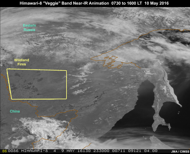 AHI 0.86 micrometer "veggie" band-4 near-infrared imagery animation showing smoke from wildfires and other land features over eastern Siberia during daylight hours from 23:30 to 08:00 UTC (7:30 to 16:00 local time) on May 10, 2016