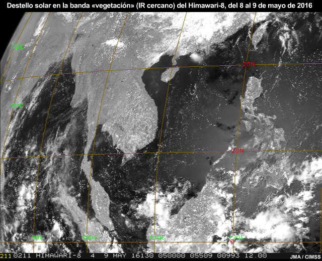 Animación de imágenes de la banda en el IR cercano de 0.86 micrómetros del AHI que muestra el movimiento del destello solar de este a oeste a través des mar de China Meridional y del océano Índico.