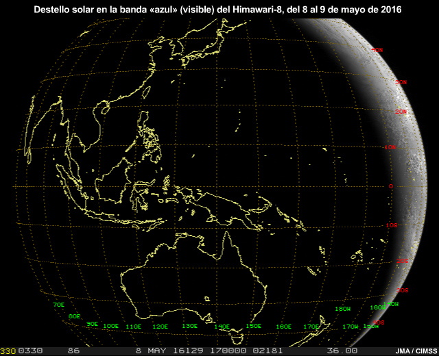 Animación de imágenes de la banda visible de 0.47 micrómetros del AHI que muestra el movimiento del destello solar de este a oeste a través de las regiones subtropicales del hemisferio norte a medida que la Tierra ejecuta su rotación a través de un día solar completo.