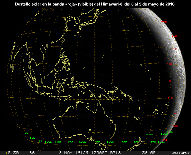 Animación de imágenes de la banda visible de 0.64 micrómetros del AHI que muestra el movimiento del destello solar de este a oeste a través de las regiones subtropicales del hemisferio norte a medida que la Tierra ejecuta su rotación a través de un día solar completo.