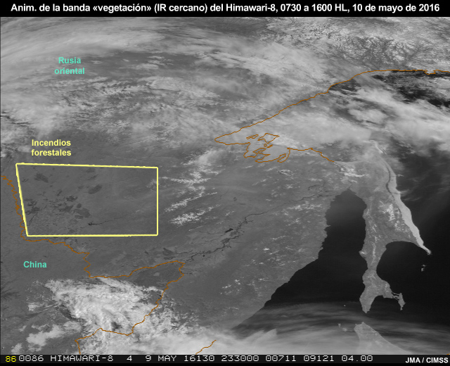 Animación de imágenes de la banda «vegetación» en el IR cercano de 0.86 micrómetros del AHI del Himawari-8 que muestra el humo de los incendios forestales sobre el este de Siberia a través de las horas diurnas de 23:30 a 08:30 UTC (7:30 a 16:00 hora local) del 10 de mayo de 2016.