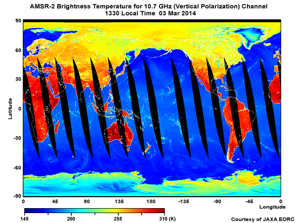 Global 24-hour composite of AMSR-2 brightness temperatures for the 10.7 GHz channel (vertical polarization), ascending orbits, on 3 March, 2014.