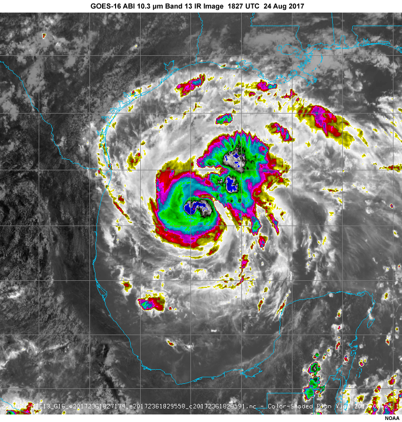 GOES-16 10.3 micrometer band 13 infrared image showing hurricane Harvey on August 24, 2017, strengthening over the Gulf of Mexico before landfall along the Texas coast
