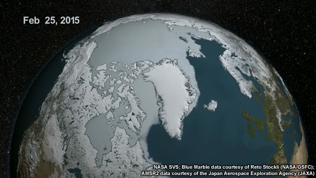 Animation showing AMSR-2 sea surface temperature and MODIS seasonal landcover for February through September 2015.