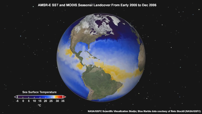 Animation showing AMSR-E sea surface temperature and MODIS seasonal landcover from early 2005 to Dec 2006.