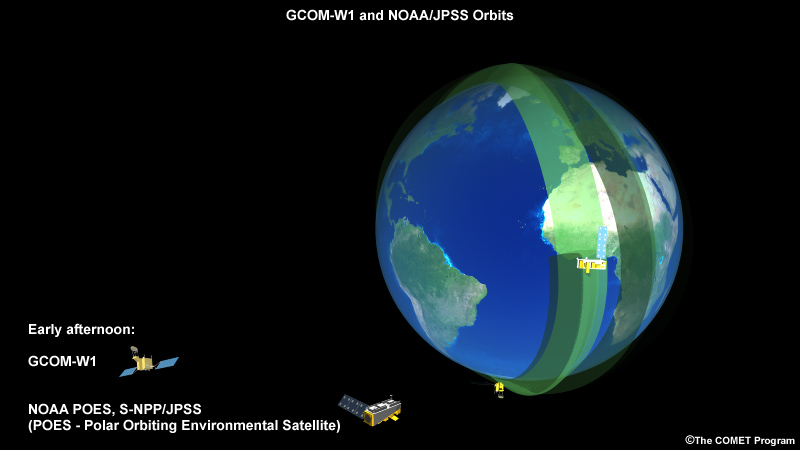 Animation showing JAXA's GCOM-W1 and NOAA's S-NPP/JPSS-1 polar-orbiting satellites during their ascending orbits across North America
