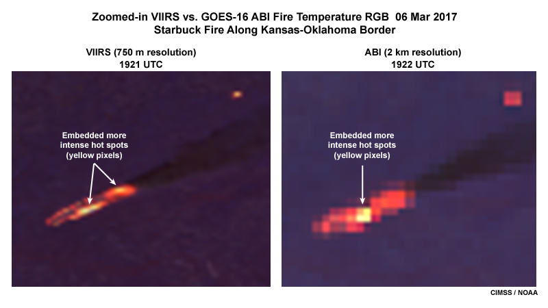 Suomi-NPP VIIRS vs. GOES-16 ABI zoomed-in fire temperature RGB images showing the Starbuck fire along the Kansas-Oklahoma border on March 6, 2017