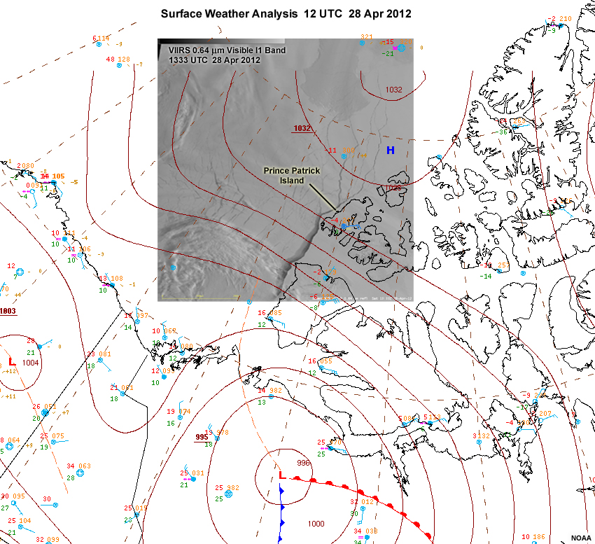 NOAA generated surface weather analysis over the Canadian Arctic Archipelago with VIIRS visible image inset for conditions between 12 to 1333 UTC on April 28, 2012