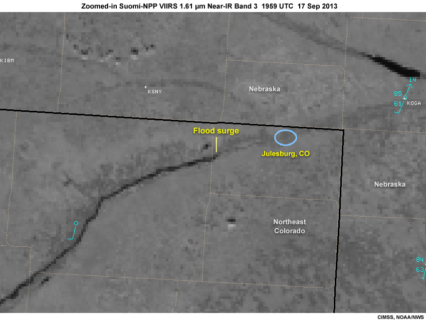 Zoomed-in Suomi NPP VIIRS 1.61 near-infrared band 2 image over northeastern Colorado during the September 2013 flood event, showing the Platte River flood surge as it moves eastward, 2000 UTC, September 17, 2013