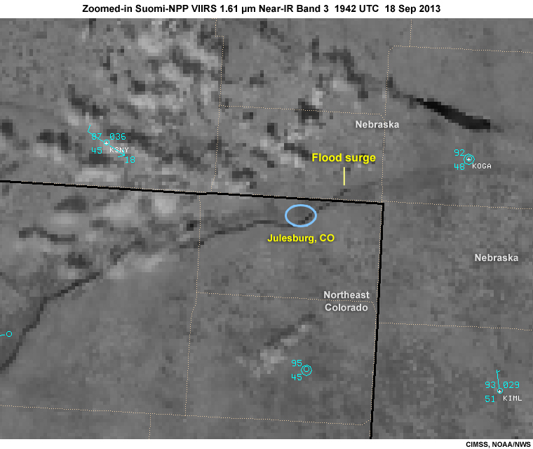 Zoomed-in Suomi NPP VIIRS 1.61 near-infrared band 2 image over northeastern Colorado during the September 2013 flood event, showing the Platte River flood surge as it moves eastward, 1942 UTC, September 18, 2013