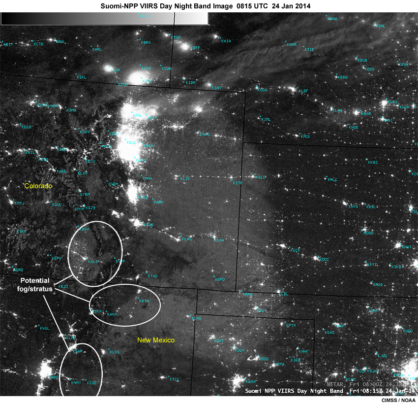 Suomi-NPP VIIRS Day Night Band image showing fog and stratus over southern Colorado and northern New Mexico at 0815 UTC on January 24, 2014