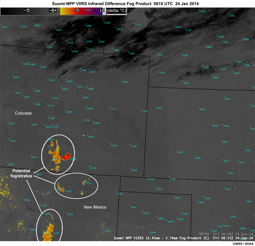 Suomi-NPP VIIRS infrared fog product showing nighttime fog and stratus over southern Colorado and northern New Mexico at 0815 UTC on January 24, 2014
