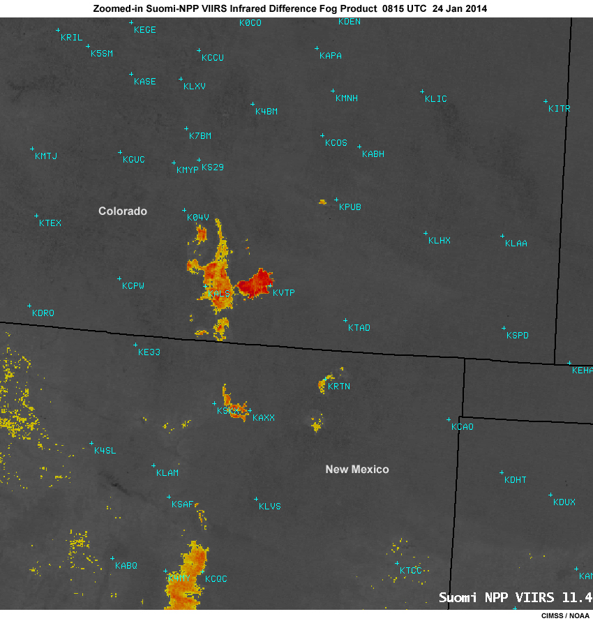 Zoomed-in Suomi-NPP VIIRS infrared fog product showing nighttime fog and stratus over southern Colorado and northern New Mexico at 0815 UTC on January 24, 2014