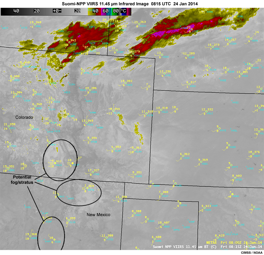 Suomi-NPP VIIRS 11.45 micrometer infrared image showing fog and stratus over southern Colorado and northern New Mexico at 0815 UTC on January 24, 2014