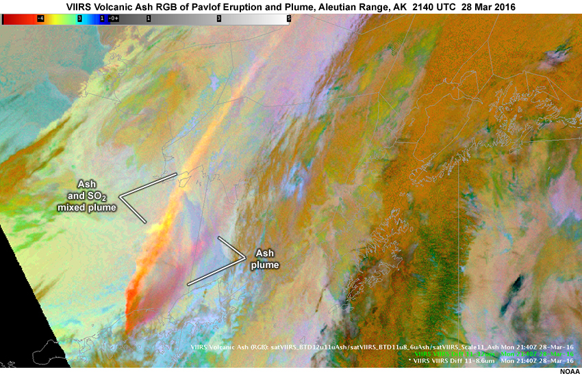 Suomi-NPP VIIRS volcanic ash RGB image showing ash plume from Alaska's Mount Pavlof eruption at 2140 UTC on March 28, 2016