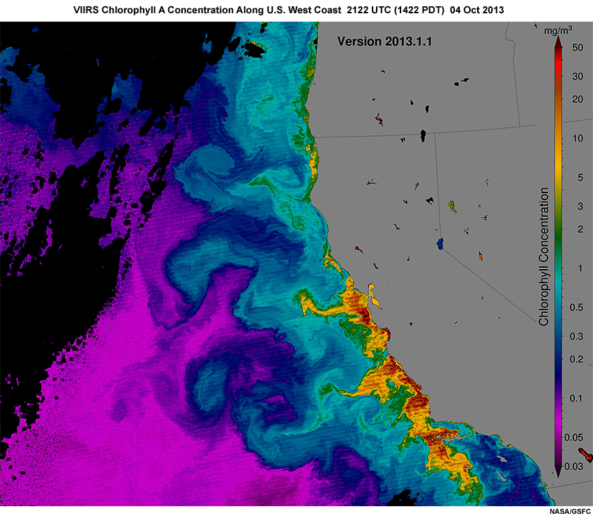 Suomi-NPP VIIRS derived ocean color product showing chlorophyll a concentration along the U.S West Coast on October 4, 2013