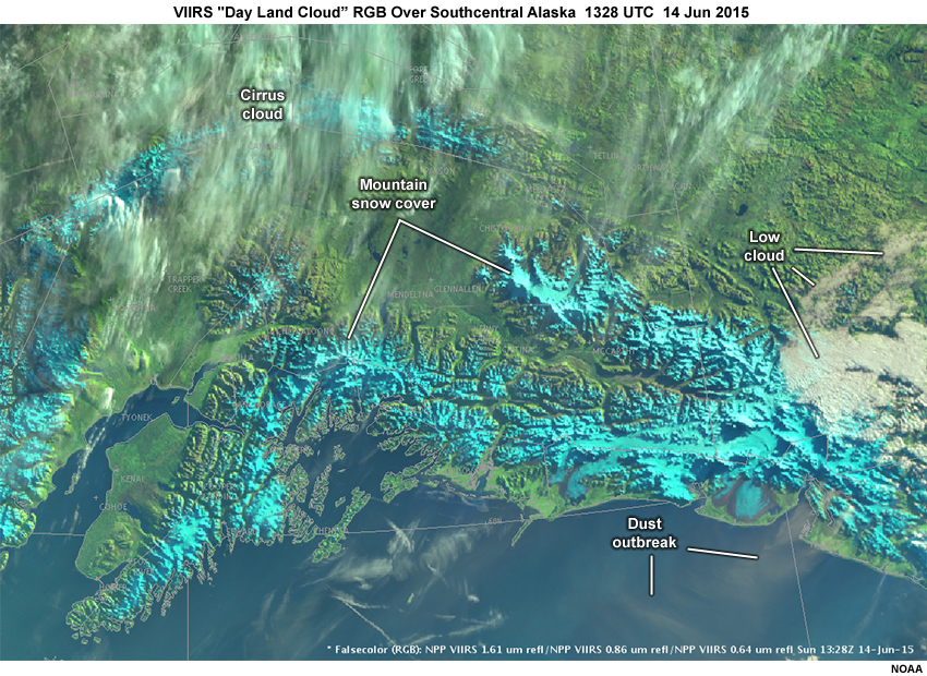 VIIRS Natural Color RGB image over Southcentral Alaska showing snow cover in cyan, cloud cover in light grey to white, and vegetated surfaces in green