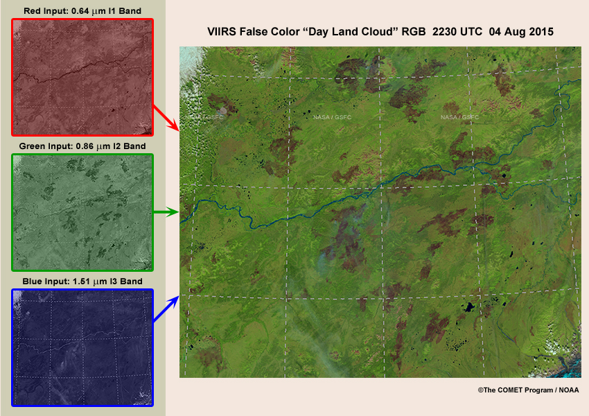 Image showing the three band input used to produce the VIIRS false color Day Land Cloud RGB, highlighting burn scars over Alaska on August 4, 2015