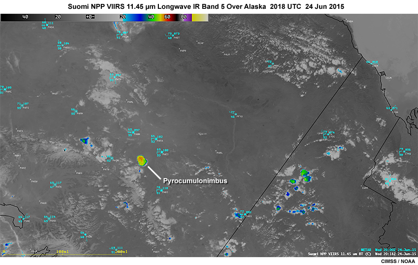 Suomi NPP VIIRS 11.45 micrometer longwave IR imagery band showing smoke from fires over Alaska at 2018 UTC on June 24, 2015.