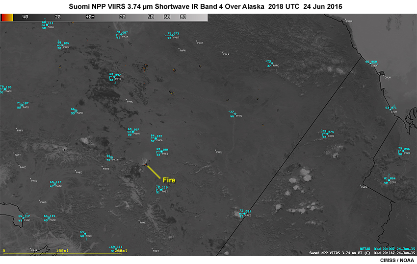 Suomi NPP VIIRS 3.74 micrometer shortwave IR imagery band showing smoke from fires over Alaska at 2018 UTC on June 24, 2015.