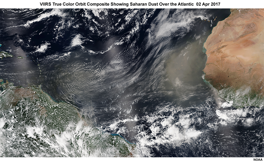 VIIRS true color multi-orbit composite showing Saharan dust over the Atlantic on April 2, 2017
