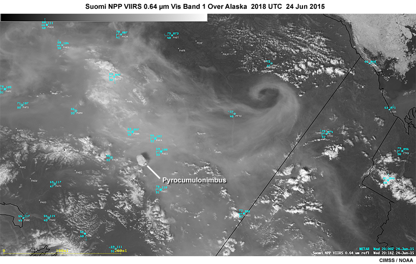 Suomi NPP VIIRS 0.64 micrometer visible imagery band showing smoke from fires over Alaska at 2018 UTC on June 24, 2015.
