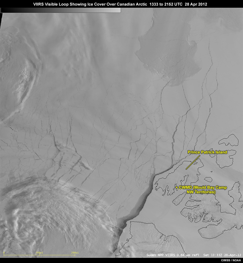 VIIRS visible loop showing ice cover over the Canadian Arctic with ice lead forming off west coast of Prince Patrick Island on April 28, 2012