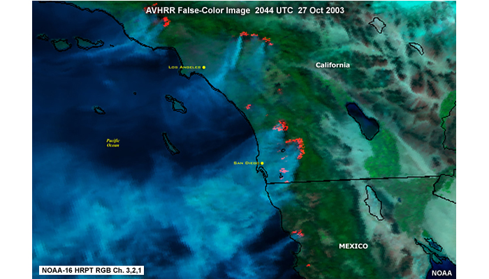 AVHRR false-color image of fires over Southern California and northwestern Mexio at 2044 UTC on October 27, 2003.