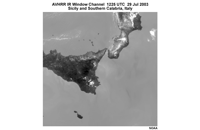 AVHRR 11 micrometer infrared windows channel image showing Sicily and southern Calabria, Italy at 1225 UTC on July 29, 2003.