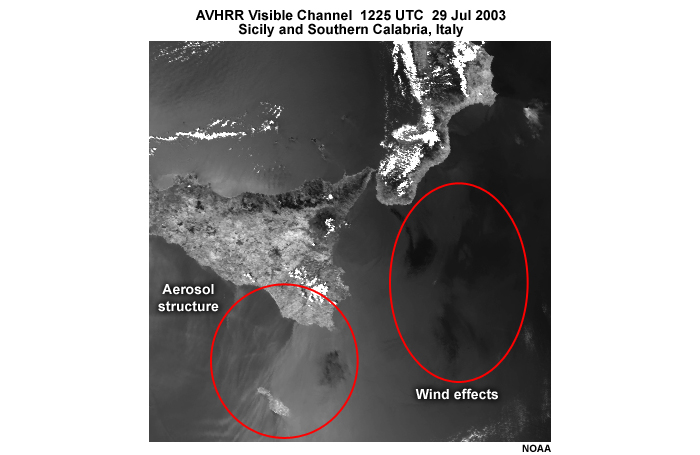 AVHRR visible channel image showing Sicily and southern Calabria, Italy at 1225 UTC on July 29, 2003.