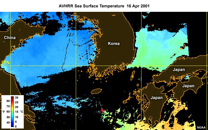 AVHRR sea surface temperature product across the East China Sea region on April 16, 2001.