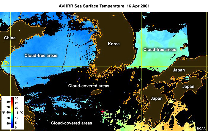 AVHRR sea surface temperature product highlighting cloud-free and cloud-covered areas across the East China Sea region on April 16, 2001.