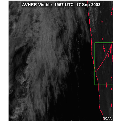 AVHRR visible image over the western United States with box highlighting an edge-of-scan area; taken at 1957 UTC on September 17, 2003.