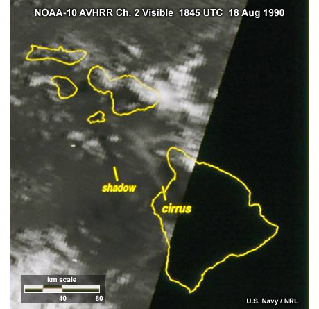 NOAA-10 AVHRR channel 2 visible image taken over the Hawaiian Islands showing degraded spatial resolution near the edge of the image swath.