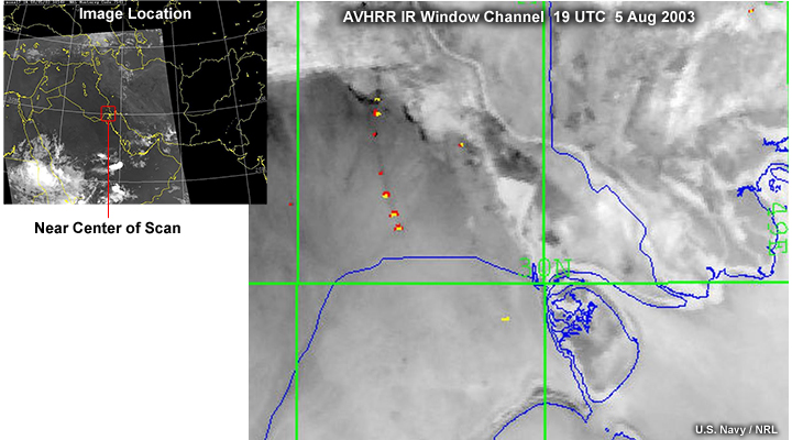 NOAA AVHRR longwave infrared window channel image taken near the center of the scan, near nadir view, showing gas flares (hot spots) from oil wells over southeastern Iraq, near nadir viewing, at 19 UTC on August 5, 2003.