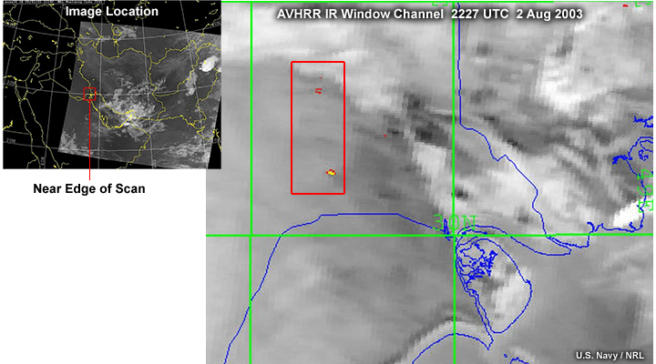 NOAA AVHRR longwave infrared window channel image taken near the edge of the scan, highlighting gas flares (hot spots) from oil wells over southeastern Iraq at 19 UTC on August 5, 2003.
