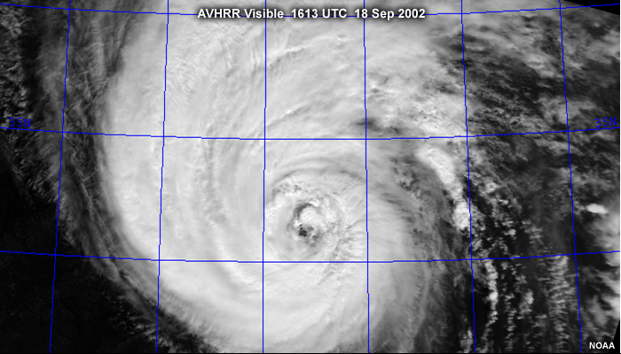 NOAA AVHRR visible image of hurricane Isabel off the U.S. east coast taken at 1613 UTC on September 18, 2002.