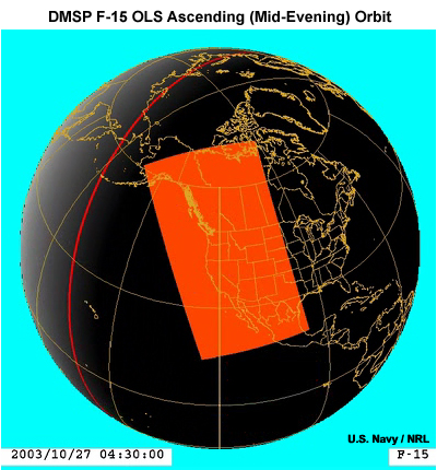 Illustration showing an evening DMSP orbit and ground coverage for the OLS imager over Southern California at 4:30 UTC (21:30 mid-evening local time) on October 27, 2003.