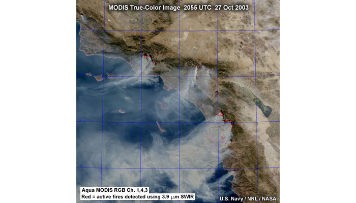 EOS-Terra MODIS true-color image with active fires overlay showing fires over Southern California and northwestern Mexico at 2055 UTC on October 27, 2003.
