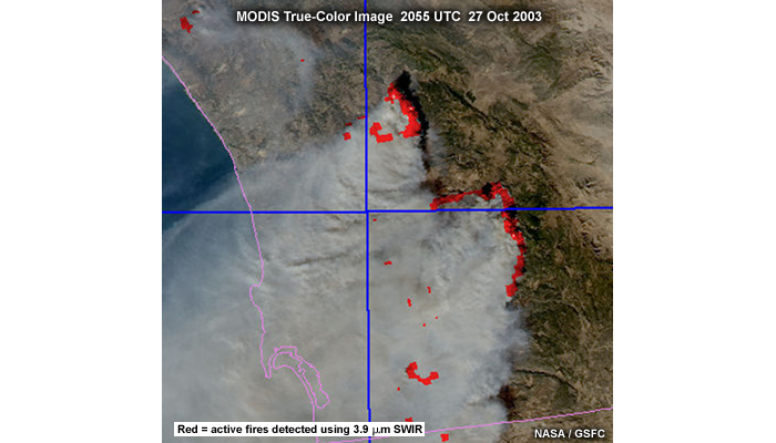 Zoomed in EOS-Terra MODIS true-color image with active fires overlay showing fires over Southern California at 2055 UTC on October 27, 2003.