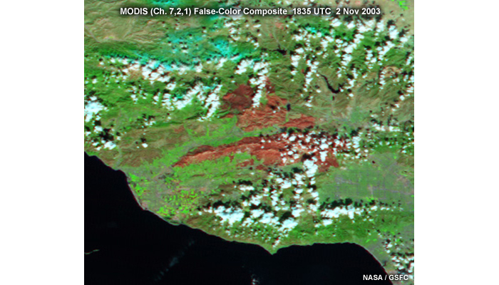 EOS-Terra MODIS false-color image of burn scars left by fires over Southern California taken at 1835 UTC on November 2, 2003.