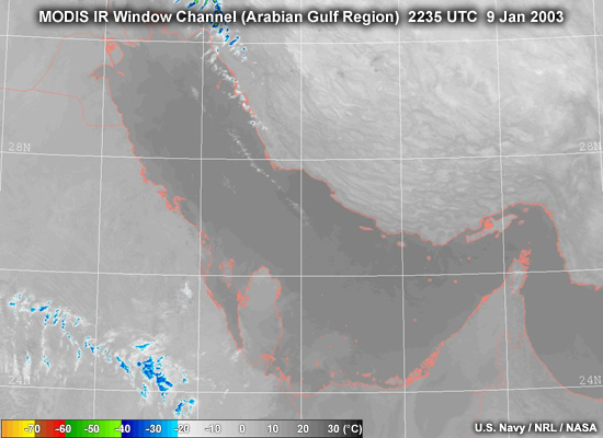 A nighttime MODIS infrared window channel image over the Arabian Gulf taken at 2235 UTC on January 9, 2003.